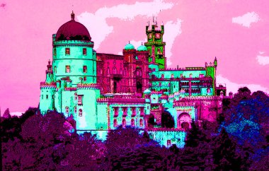 SINTRA PORTUGAL - 09 05 05 2002: Pena Sintra Portugal Kalesi, Pop art retro tablosu renk lekeli illüstrasyon simgesi
