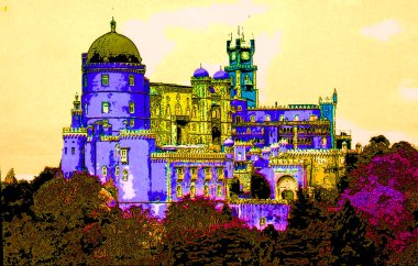 SINTRA PORTUGAL - 09 05 05 2002: Pena Sintra Portugal Kalesi, Pop art retro tablosu renk lekeli illüstrasyon simgesi