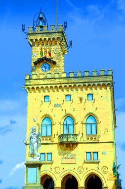 SAN MARINO REPUBLIC - 05: 24 2019: San Marino Palazzo Pubblicco enklavı yakınlarındaki Özgürlük Anıtı. San Marino Pop sanat retro resim tablosu renk lekeli illüstrasyon arka plan simgesi