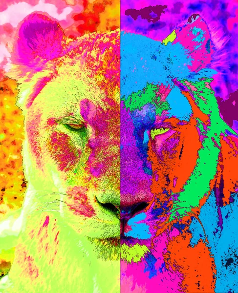 Illustration Signe Lion Icône Fond Pop Art Avec Taches Couleur — Photo