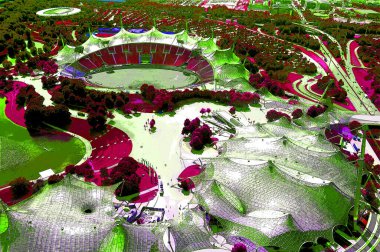 MUNICH GERMANY - 06 12 2011: Münih Olimpiyat Stadyumu, Almanya 'nın Münih şehrinde 1972 Yaz Olimpiyatları için inşa edilmiş bir Olimpiyat Parkı.