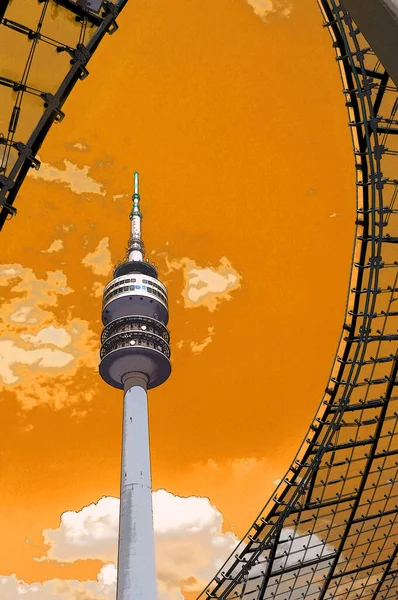 ミュンヘン ドイツ 6月12日 ドイツのミュンヘンにあるオリンピック競技場の塔は 1972年の夏季オリンピックの標識イラストポップアートの背景アイコンのために建設されたオリンピック公園です — ストック写真