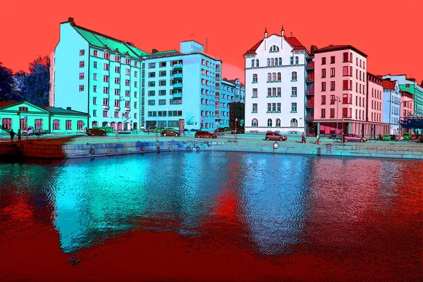 Helsinki Finland 2015 Pohjoisranta位于市中心 沿着带有彩色斑点的北部港口标志图例弹出艺术背景图标运行 — 图库照片
