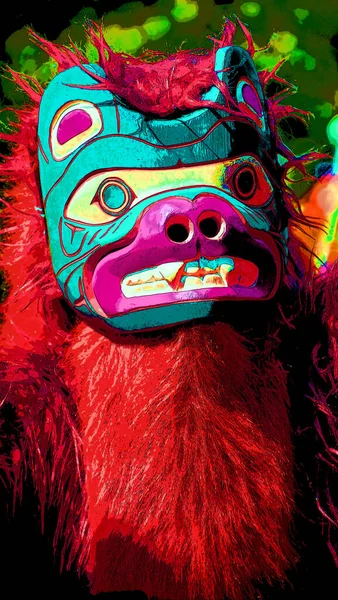 Victoria Canada 2015 Indián Tradičním Kostýmu Nést Dřevěnou Masku Znamení — Stock fotografie