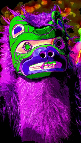 Victoria Canada 2015 Indianin Tradycyjnym Stroju Niedźwiedź Drewniana Maska Znak — Zdjęcie stockowe