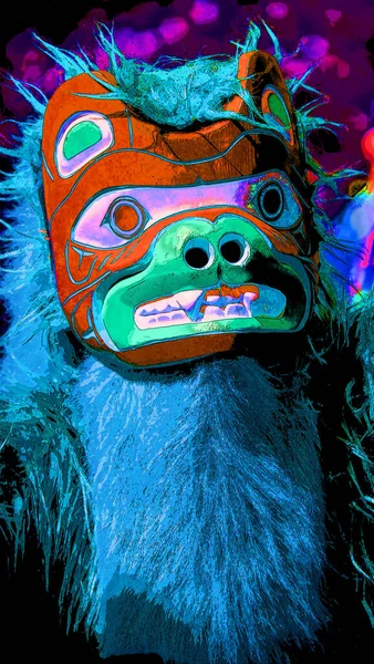 Victoria Canada 2015 身穿传统服装的印第安原住民 戴着木制面具标志 展示带有彩色斑点的流行艺术背景图标 — 图库照片