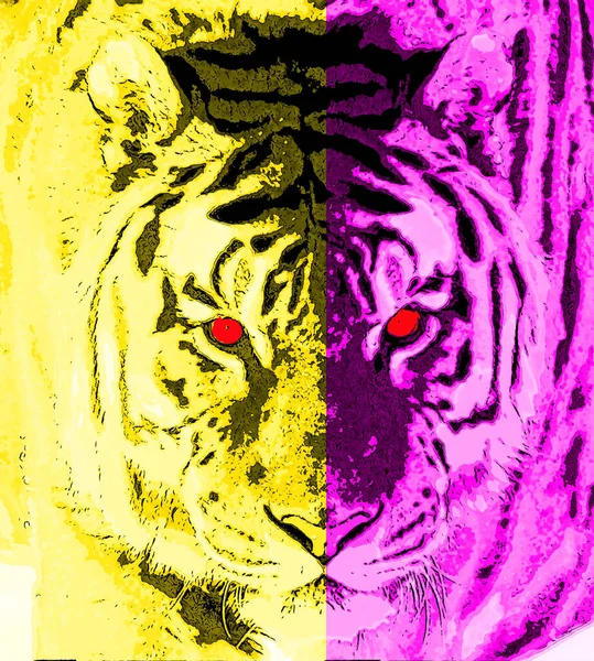 Tiger Tecken Illustration Pop Art Bakgrund Ikon Med Färg Fläckar — Stockfoto