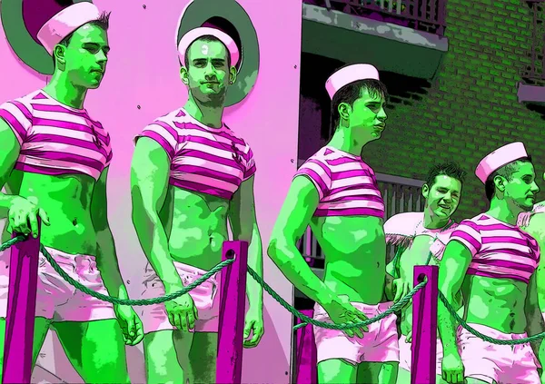 Monreal Quebec Canada 2015 4人の若いゲイの男性が船員として ポップアートレトロサインイラストの背景アイコンとカラースポット — ストック写真