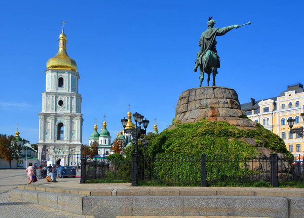 KYIV UKRAINE - 09 04 17: Bohdan Khmelnytsky Monument dedicated to the Hetman of Zaporizhian Host Bohdan Khmelnytsky. It is one of the oldest sculptural monuments of Sophia Square a city's symbols.