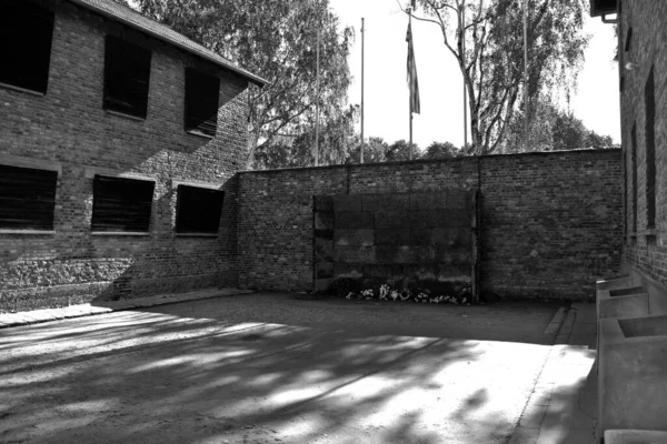 Auschwitz Birkenau Polska Ściana Egzekucyjna Obozu Koncentracyjnego Auschwitz Była Siecią — Zdjęcie stockowe