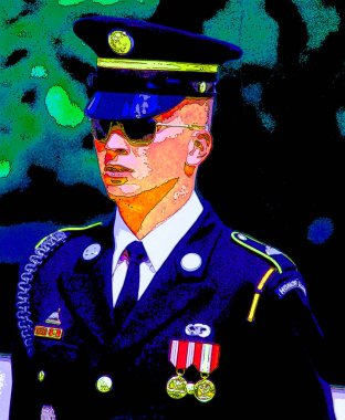 WASHINGTON DC ABD - 18 08 1998: Meçhul Asker Mezarı 'ndaki askeri muhafız, her saat düzenlenen ayrıntılı bir törenle değiştirildi.