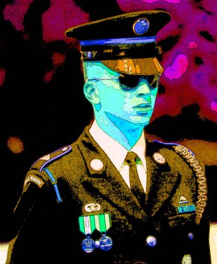 WASHINGTON DC ABD - 18 08 1998: Meçhul Asker Mezarı 'ndaki askeri muhafız, her saat düzenlenen ayrıntılı bir törenle değiştirildi.