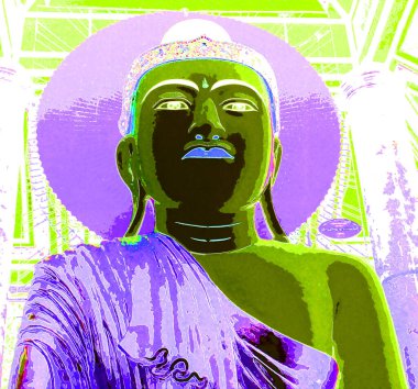 YANGON MYAMAR - 04 08 1999: Shwedagon Pagoda Pop sanat retro tablosu resimli renk lekeli büyük Buda