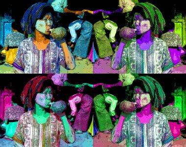 BAGAN, MYANMAR - 04 26 1999: Tütün piposu tüttüren kadınlar Myanmar 'da yaygın olup, burada' cheroots 'da üretilen sigaraların yanı sıra Pop Art retro tabela illüstrasyonu da kullanılmaktadır