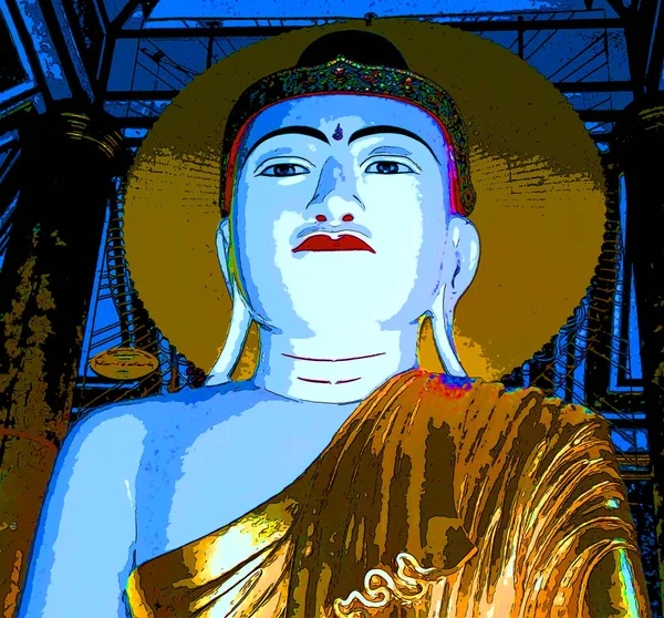 Yangon Myamar 1999 Большой Сидящий Будда Shwedagon Pagoda Поп Арт — стоковое фото