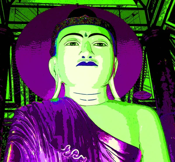 Yangon Myamar 1999 Large Seated Buddha Shwedagon Pagoda Pop Art — Photo