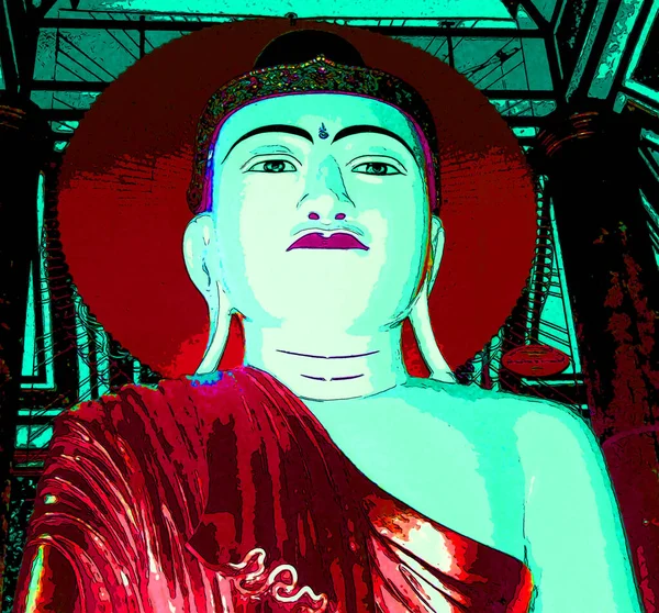 Yangon Myamar 1999 Nagy Ülő Buddha Shwedagon Pagoda Pop Art — Stock Fotó