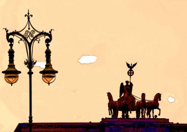 BERLİN, GERMANY - 09 19 19 19: Brandenburg Kapısı, Berlin ve Almanya 'nın şehir merkezindeki pop-art arka plan ikonunda yer alan ana simgelerinden biridir.