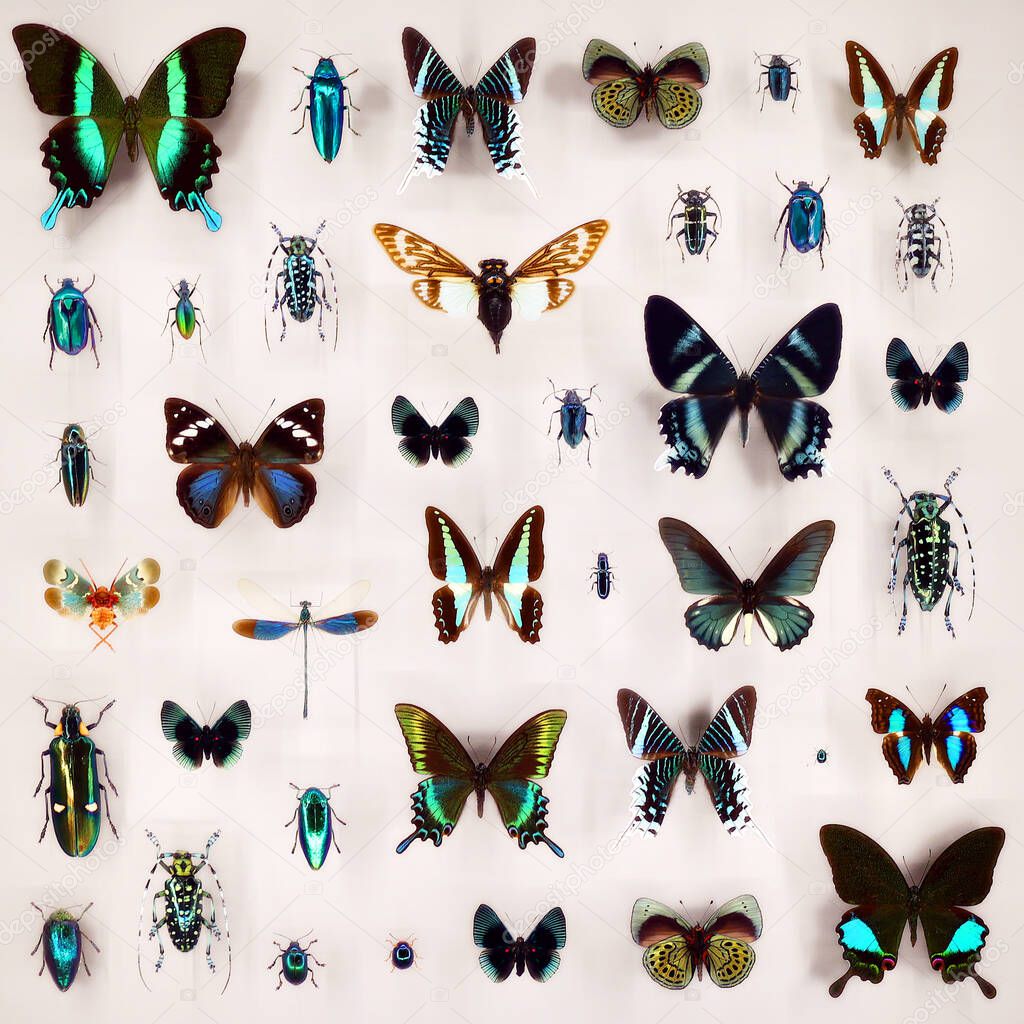 Exposition of variety of dead butterflies and bugs on board under glass