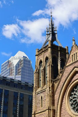 MONTREAL CANADA - 06 14 2022: Saint James United Church is a heritage church in downtown Montreal, Quebec, Canada. It is a Protestant church affiliated with the United Church of Canada