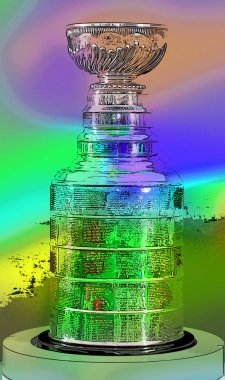 MONTREAL CANADA - 11 19 17: Pop art Stanley cup for 100th anniversary of National Hockey League (NHL) and Montreal Canadiens events where the NHL was founded at the Windsor Hotel in 1917