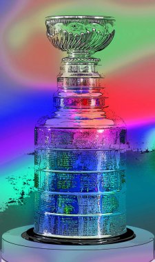 MONTREAL CANADA - 11 19 17: Pop art Stanley cup for 100th anniversary of National Hockey League (NHL) and Montreal Canadiens events where the NHL was founded at the Windsor Hotel in 1917