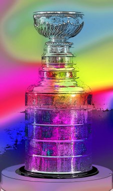 MONTREAL CANADA - 11 19 17: Pop art Stanley cup for 100th anniversary of National Hockey League (NHL) and Montreal Canadiens events where the NHL was founded at the Windsor Hotel in 1917