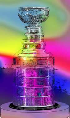 MONTREAL CANADA - 11 19 17: Pop art Stanley cup for 100th anniversary of National Hockey League (NHL) and Montreal Canadiens events where the NHL was founded at the Windsor Hotel in 1917