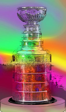 MONTREAL CANADA - 11 19 17: Pop art Stanley cup for 100th anniversary of National Hockey League (NHL) and Montreal Canadiens events where the NHL was founded at the Windsor Hotel in 1917 
