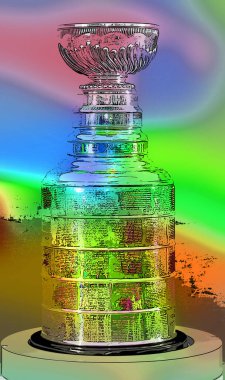 MONTREAL CANADA - 11 19 17: Pop art Stanley cup for 100th anniversary of National Hockey League (NHL) and Montreal Canadiens events where the NHL was founded at the Windsor Hotel in 1917 