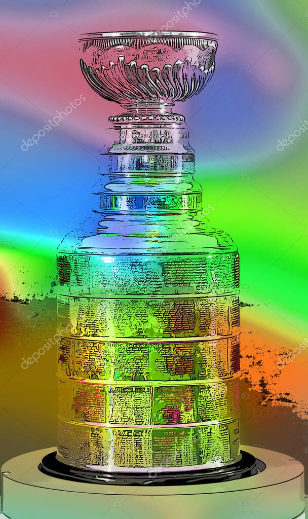 MONTREAL CANADA - 11 19 17: Pop art Stanley cup for 100th anniversary of National Hockey League (NHL) and Montreal Canadiens events where the NHL was founded at the Windsor Hotel in 1917