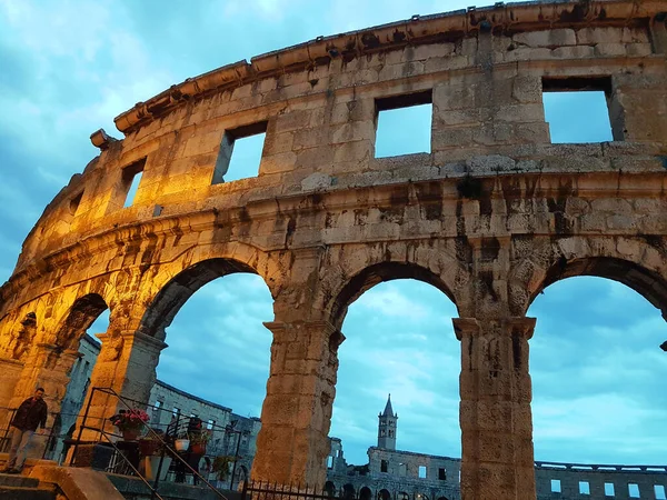 Pula Croatia 2019 Sunset Pula Arena Famous Roman Amphitheater Pula — стоковое фото