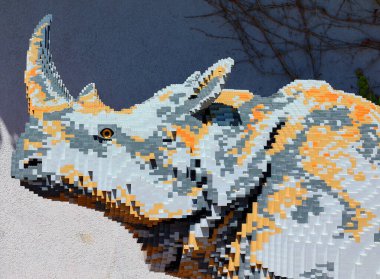 GRANBY QUEBEC CANADA 05 25 2022: Rhinoceros at the super powers of animals with more than 30 monumental creations composed of millions of LEGO bricks.