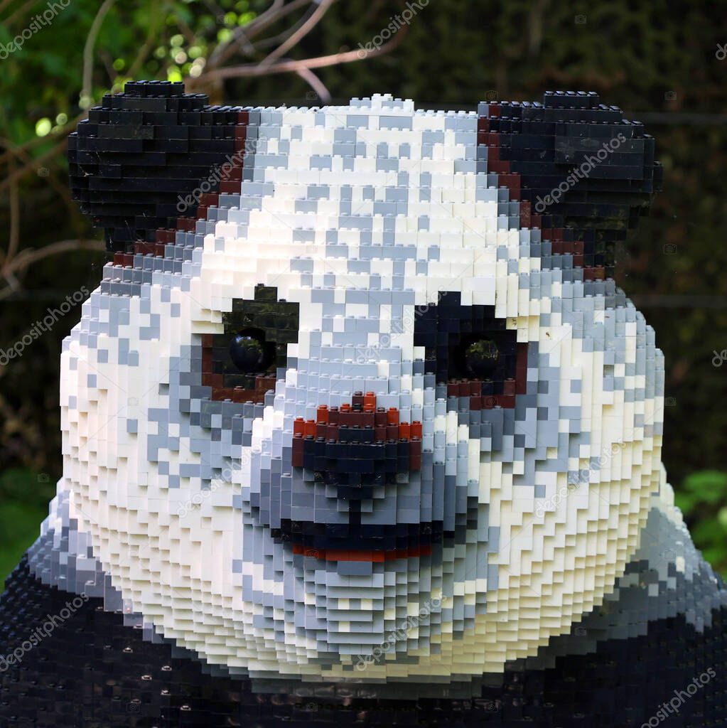 GRANBY QUEBEC CANADA 05 25 2022: Giant panda bear at the super powers of animals with more than 30 monumental creations composed of millions of LEGO bricks.