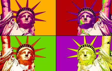 New York Birleşik Devletleri - 09: 14 1998: Özgürlük Anıtı. New York Amerika renk lekeli pop-art arkaplan simgesi imzaladı