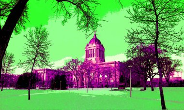 WINNIPEG MANITOBA CANADA 12 25 2002: Manitoba Yasama Binası. Winnipeg 'de. Altın Çocuk heykelinin olduğu bu neoklasik bina Frank Worthington Simon tarafından tasarlandı.