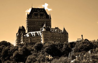 QUEBEC CITY CANADA 08 19 20: Chateau Frontenac is a grand hotel. It was designated a National Historic Site of Canada in 1980, generally recognized as the most photographed hotel in the world