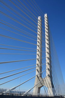 MONTREAL CANADA 03 31 2020: Central pillars and cables of the new Champlain Bridge will change the urban look of Montreal and become a new symbol for the metropolis