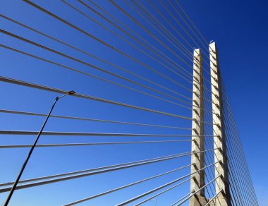 MONTREAL CANADA 03 31 2020: Central pillars and cables of the new Champlain Bridge will change the urban look of Montreal and become a new symbol for the metropolis