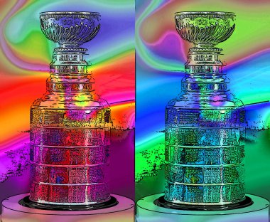 MONTREAL CANADA 11 19 17: Pop art Stanley cup for 100th anniversary of National Hockey League (NHL) and Montreal Canadiens events where the NHL was founded at the Windsor Hotel in 1917