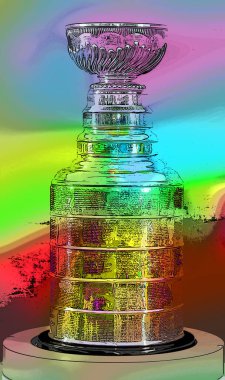 MONTREAL CANADA 11 19 17: Stanley Cup is the championship trophy awarded annually to the National Hockey League (NHL) sign illustration pop-art background icon with vivid color spots