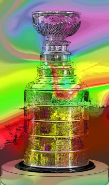 MONTREAL CANADA 11 19 17: Stanley Cup is the championship trophy awarded annually to the National Hockey League (NHL) sign illustration pop-art background icon with vivid color spots