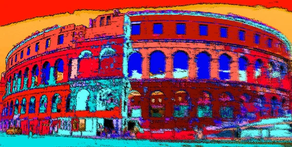 Pula Arena is the famous Roman amphitheater sign illustration pop-art background icon with color spots