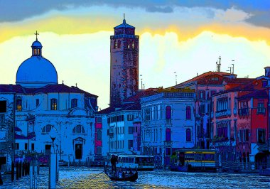 Grand canal of Venice Italy with gondola famous and amazing italian city sign illustration pop-art background icon with color spots