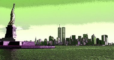 NEW YORK NY UNIOTED STATES 05 18 1995: Lower Manhattan before 09-11-2001 cityscape with pop-art background icon with color spots