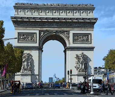 PARIS, FRANCE OKTOBER 17 2013: The Arc de Triomphe de l 'Etoile' Triumphal Arch of the Star 'işareti renkli pop-art arkaplan simgesi