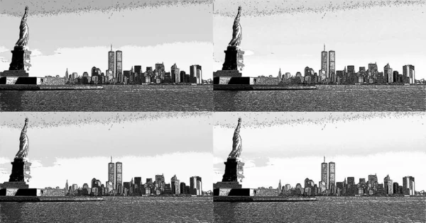 Estatua Libertad Bajo Manhattan Antes Del 2001 Nueva York Paisaje —  Fotos de Stock