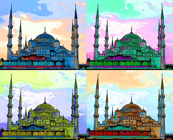Blue mosque sign illustration pop-art background icon with color spots