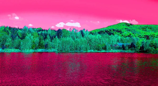 Beautiful Landscape Lake Mountains Covered Green Trees Pop Art Color — Fotografia de Stock