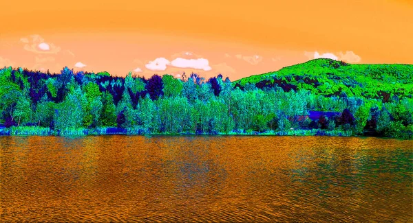 Beautiful Landscape Lake Mountains Covered Green Trees Pop Art Color — Stockfoto